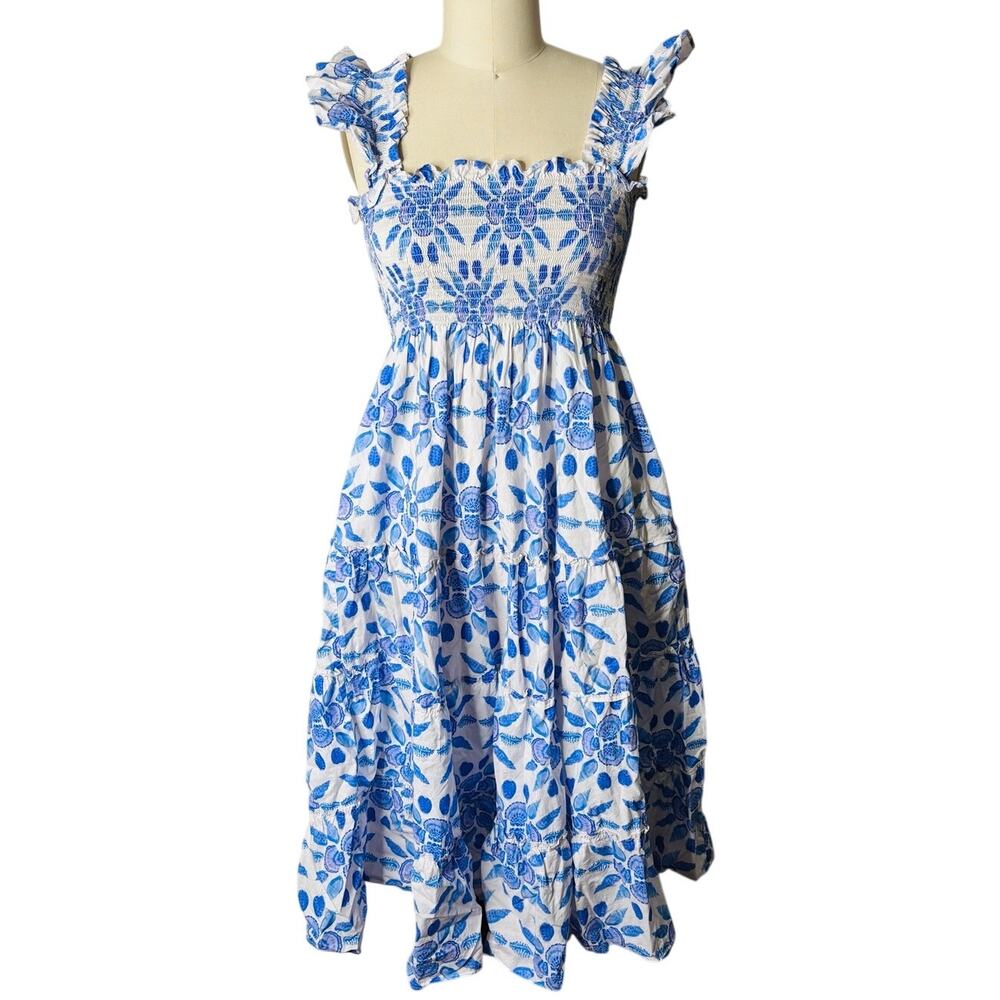 Hill House Home The Ellie Nap Dress Blue Shell Mosaic Tier Midi Medium M Pockets